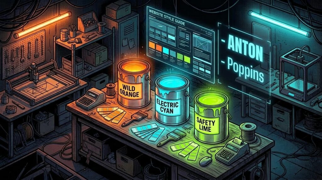 Comic-book style maker workshop with three glowing paint cans labeled Wild Orange, Electric Cyan and Safety Lime on a workbench, color swatches, and floating holographic panels showing a website style guide and the fonts Anton and Poppins