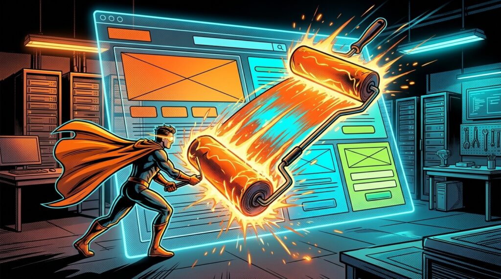 Comic-book superhero maker in an orange cape pushing a giant glowing paint roller across a holographic website wireframe, recoloring it in orange, cyan and lime
