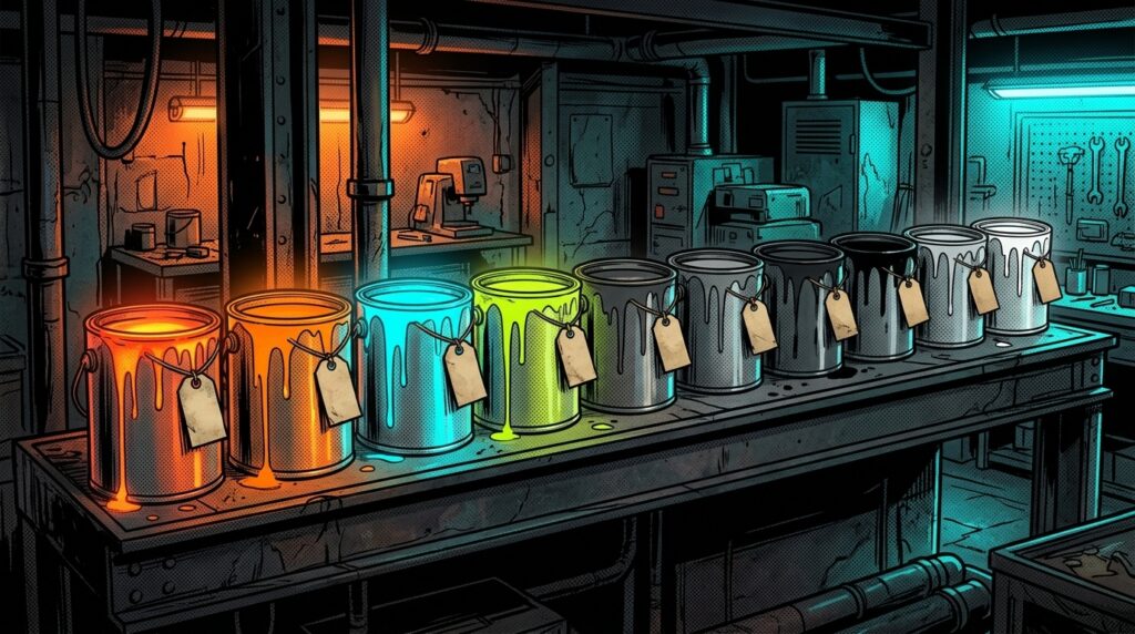 Ten glowing comic-book style paint cans on a dark workshop shelf in orange, cyan, lime green, charcoal, graphite, gray and white, each with a blank label tag