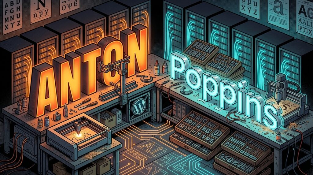 Giant 3D letters spelling ANTON in glowing orange and Poppins in glowing cyan on maker workbenches, with a laser engraver, CNC machine, trays of movable type and server racks behind