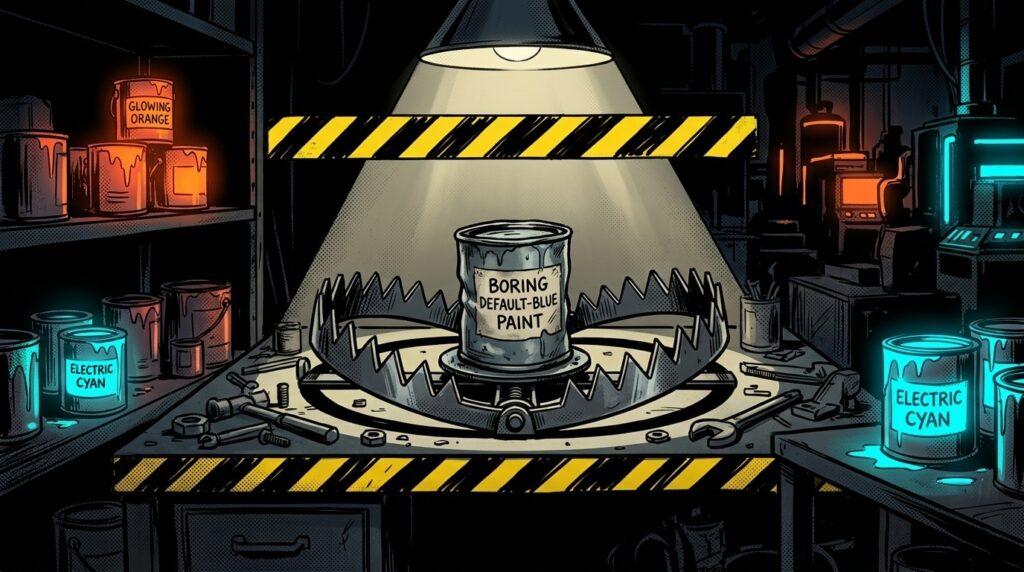 Comic-book style steel bear trap under a spotlight on a workbench, baited with a paint can labeled Boring Default-Blue Paint, with glowing orange and Electric Cyan paint cans nearby and yellow and black warning stripes