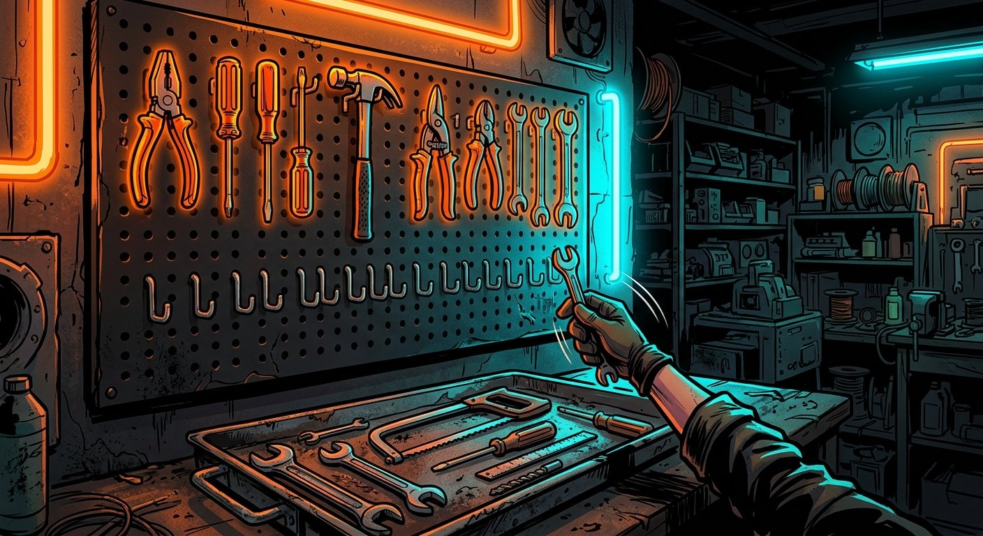 Comic-book style pegboard with the top row of tools hung and glowing, bottom row of empty hooks, a gloved hand placing a wrench