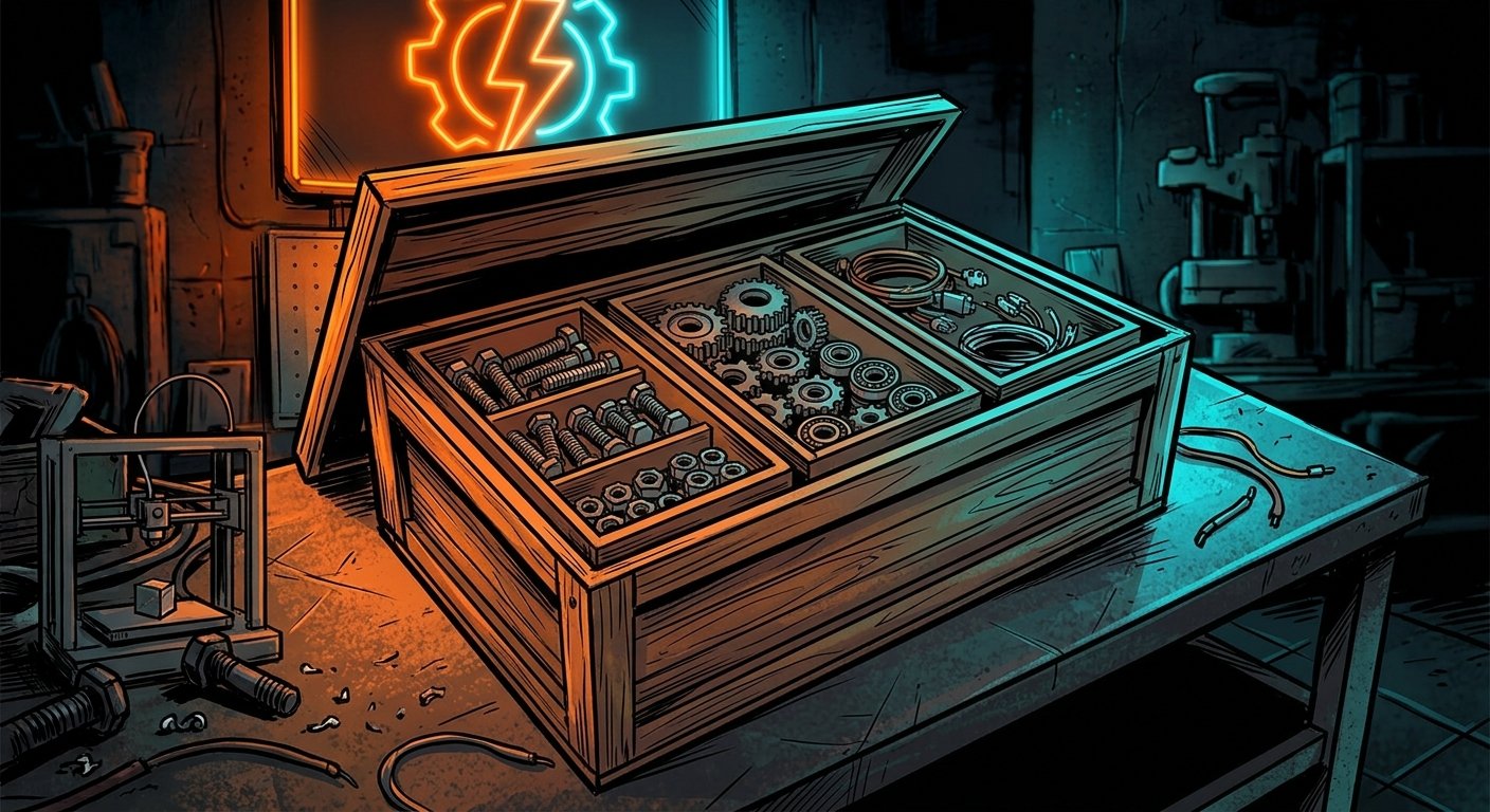 Comic-book style open wooden crate on a workbench holding three smaller trays of sorted bolts, gears and cable