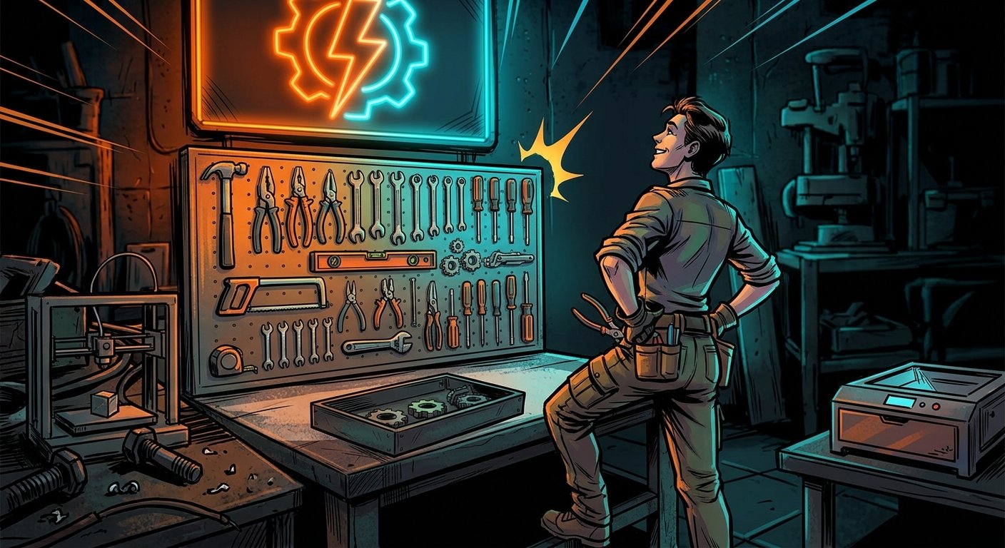 Comic-book style maker standing back from a fully kitted pegboard wall with the sign above it lit