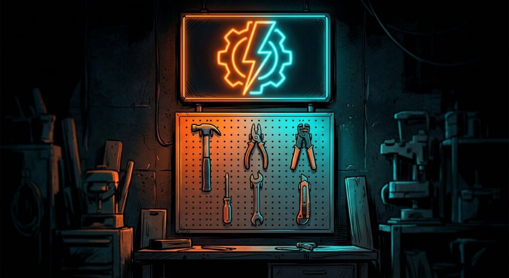 Comic-book style workshop pegboard with six hand tools in a three-by-two grid under a lit orange and cyan sign