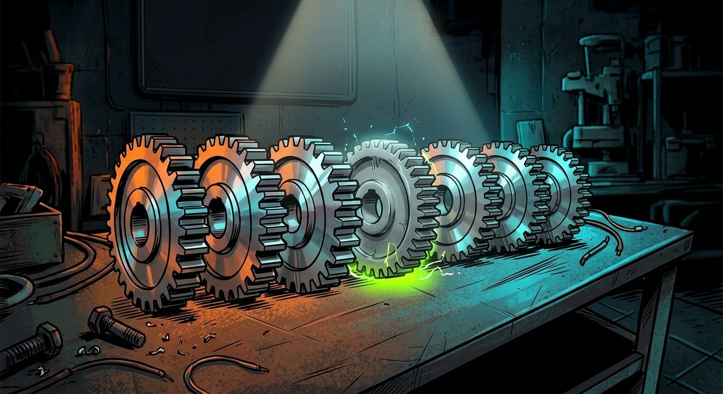 Comic-book style row of eight machined steel gears under a spotlight with one dull gray plastic gear among them