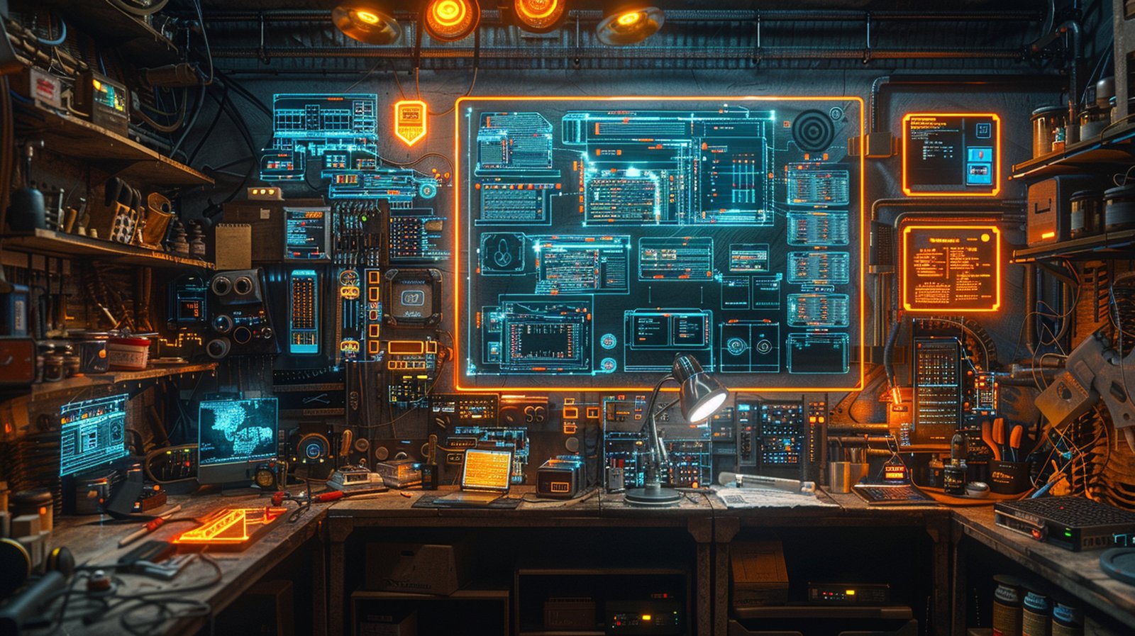 Neon-lit workshop wall covered in glowing blue and orange technical schematics