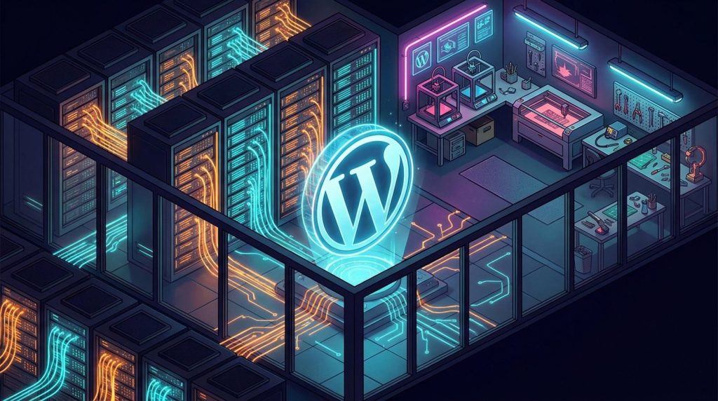 Isometric illustration of a digital maker workshop with server racks and a glowing WordPress logo